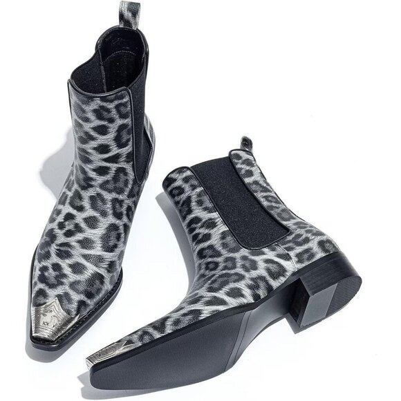 Men’s White Chelsea Pointed Metal Toe Leopard Print Ankle Street Style Boots